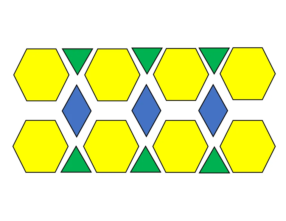 Hexagon, rhombus and triangle design: yellow hexagons, blue rhombuses and green triangles in a tiled strip to build