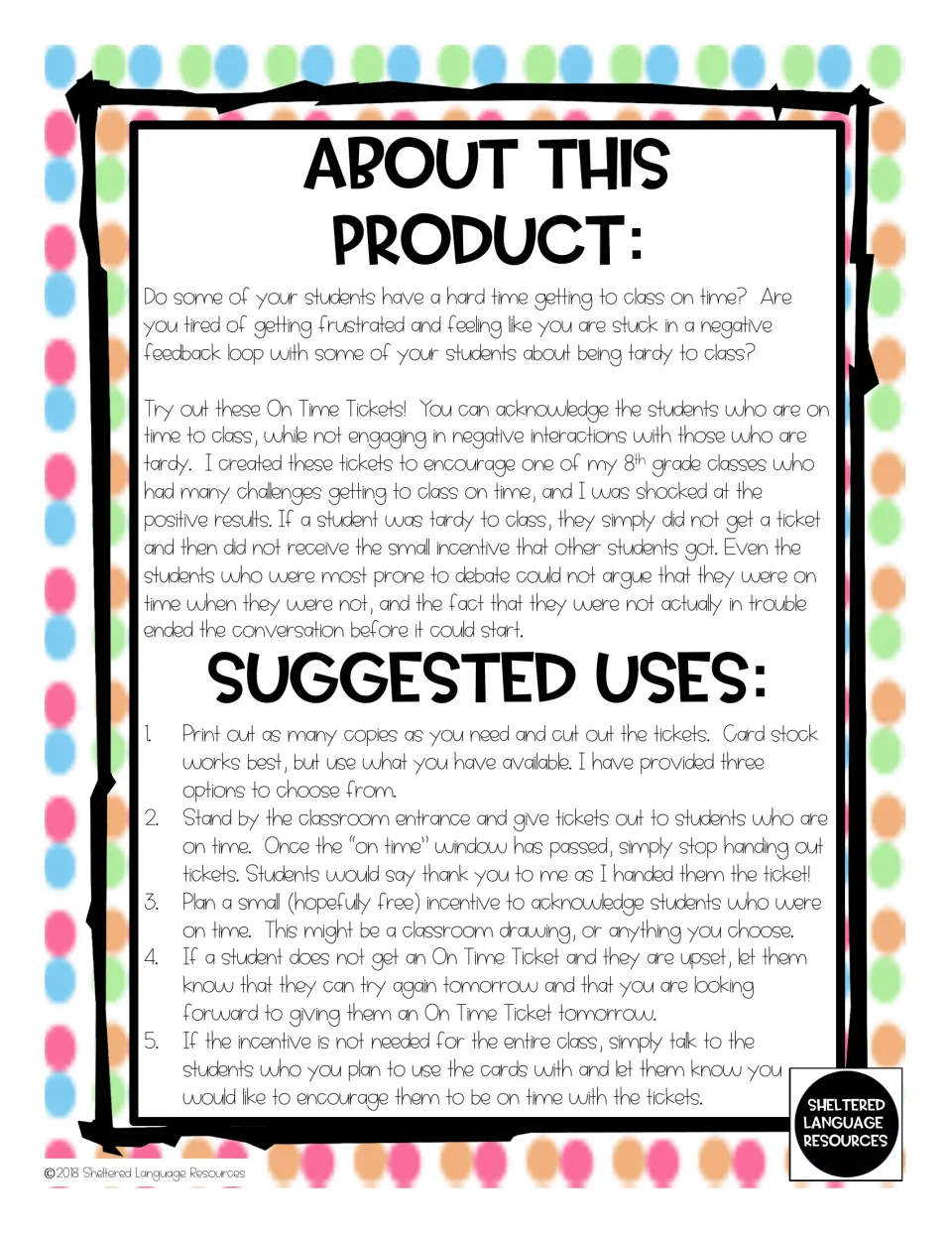 Teacher instructions explain printing three ticket options, rewarding punctual arrivals, and choosing incentives