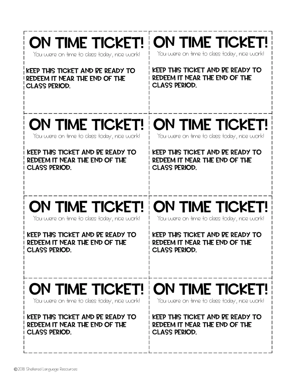 Eight identical punctuality tickets praise arriving on time and ask students to redeem them near class end