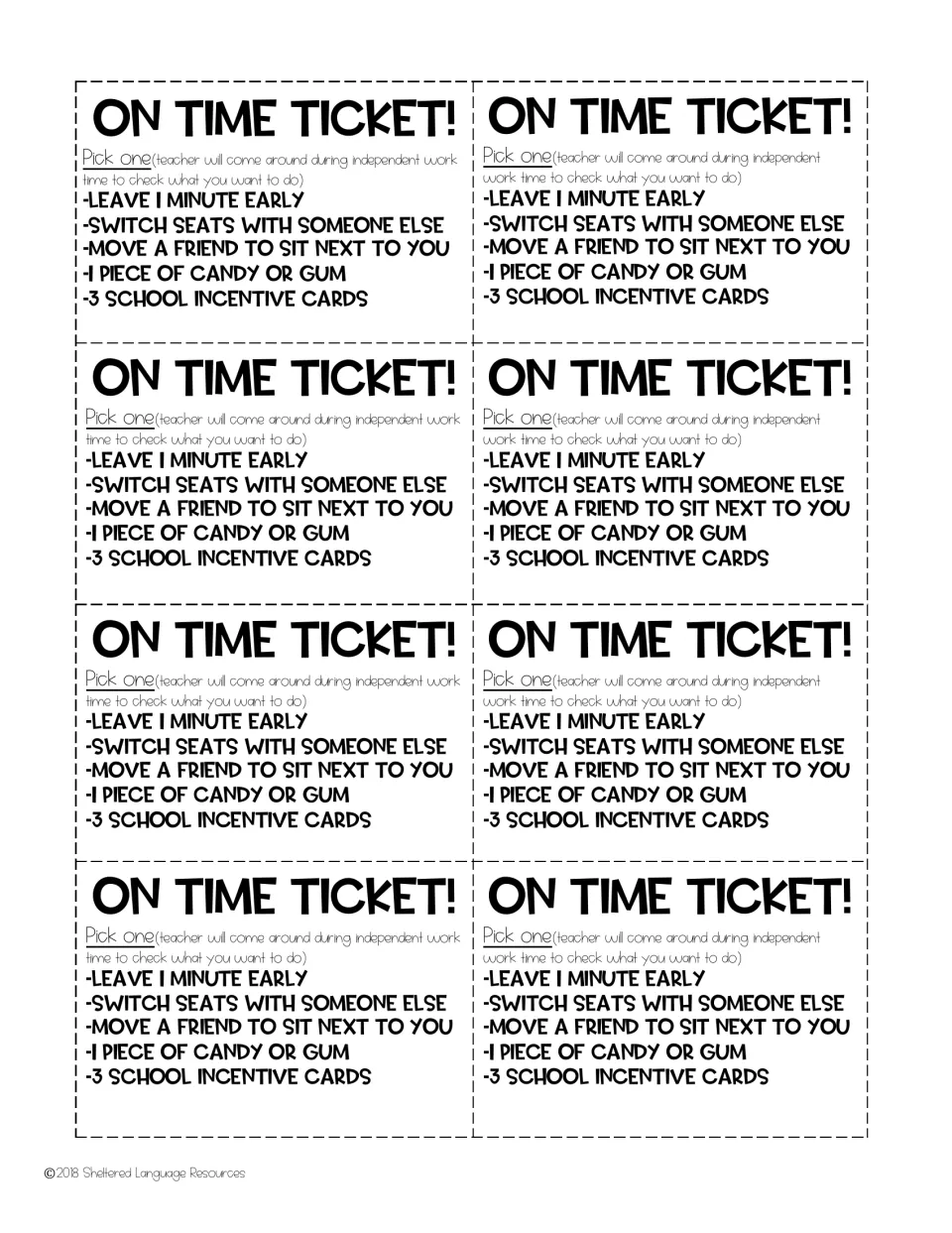 Eight identical reward tickets offer leaving early, switching seats, sitting by a friend, and two more choices