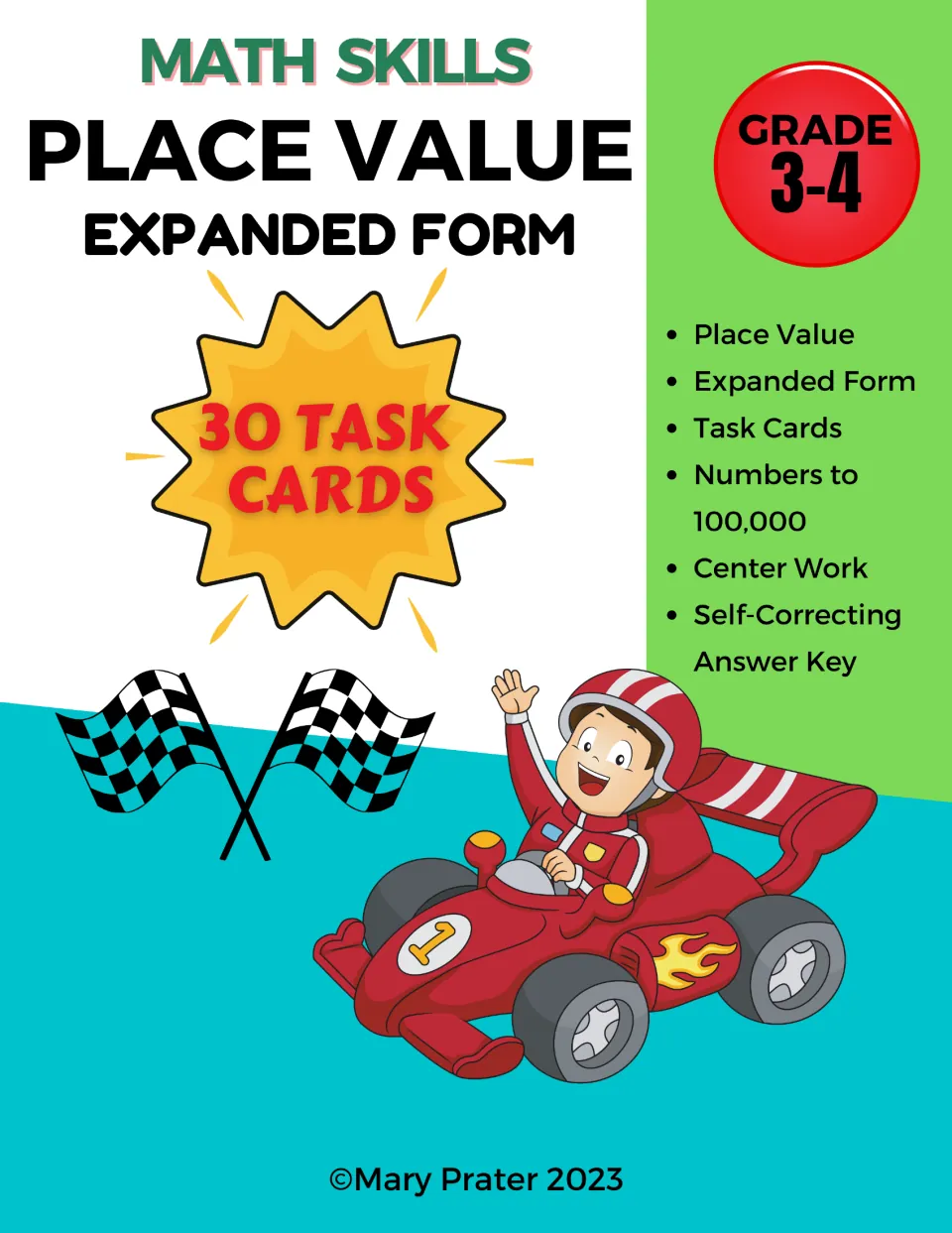 Place Value Expanded Form cover: 30 task cards for Grade 3-4 with numbers to 100,000 and a self-correcting answer key