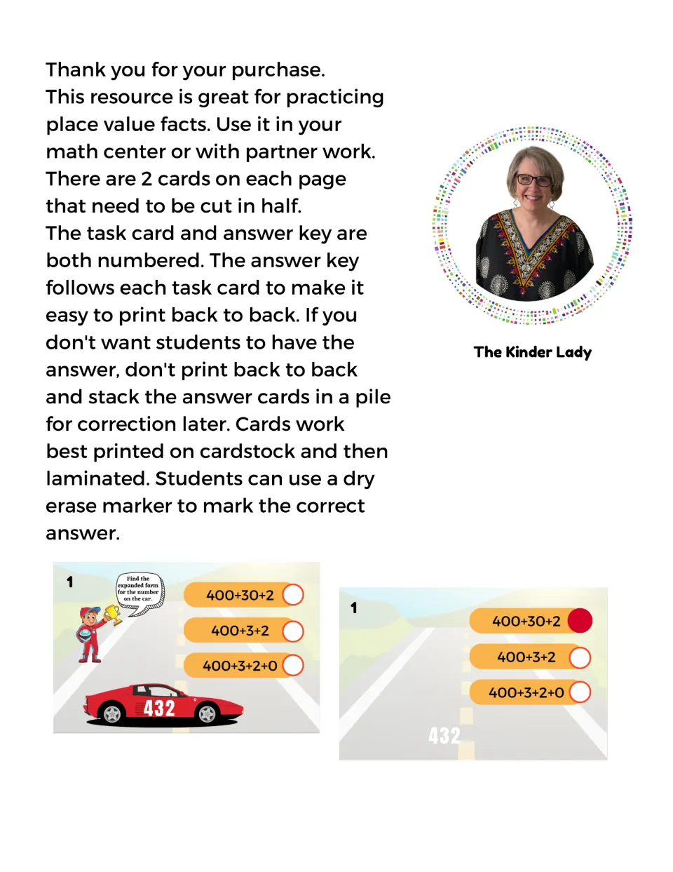 Teacher notes: cut each page into 2 cards, print the answer key back to back and laminate; sample card 1 and its answer