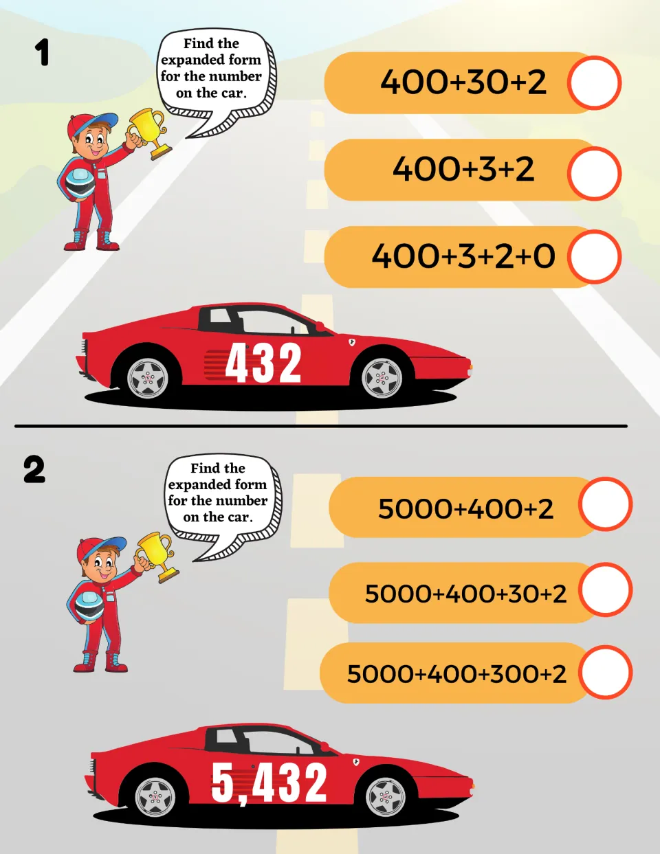 Expanded form cards 1-2: students find the expanded form of 432 and 5,432 on race cars, choosing from 3 options each