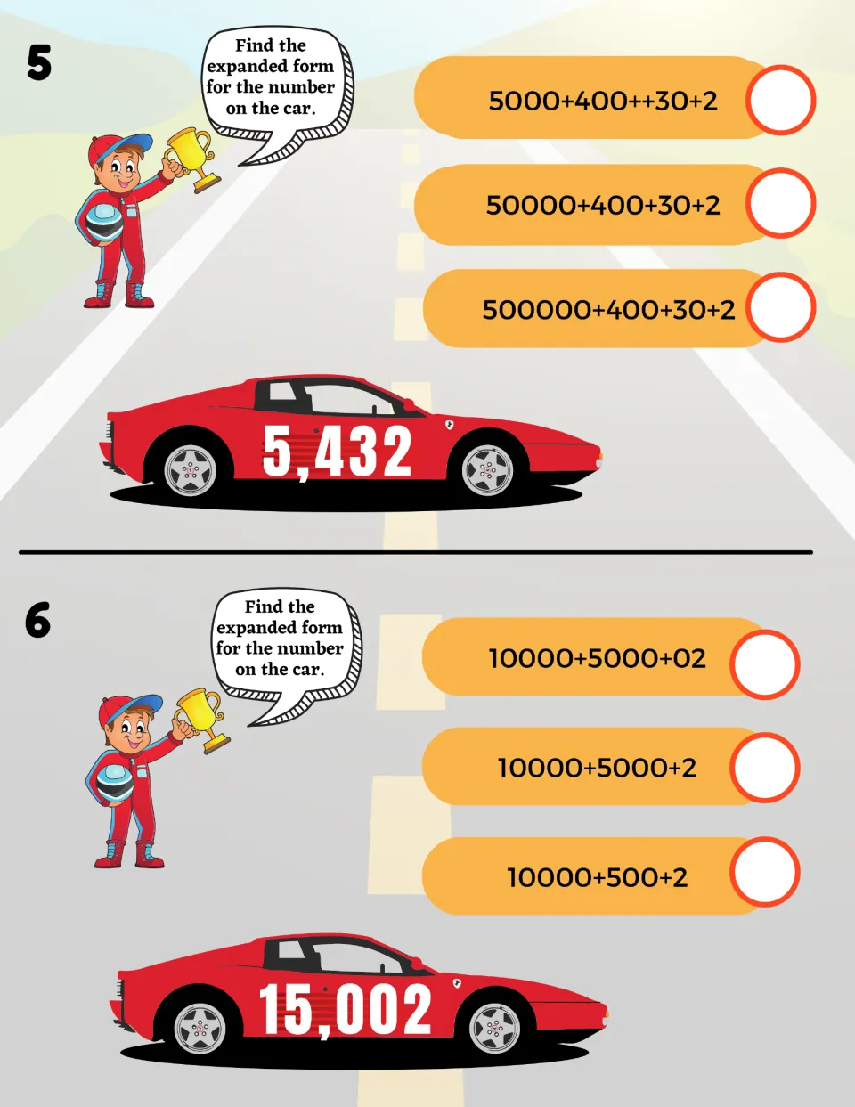 Expanded form cards 5-6: students choose the expanded form of 5,432 and 15,002 from 3 sums on each race car card