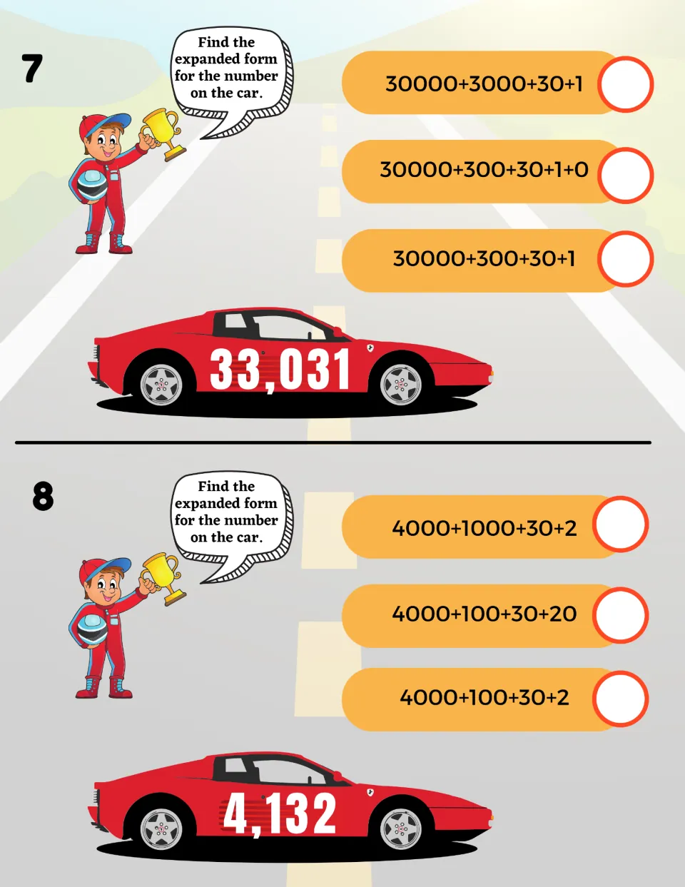 Expanded form cards 7-8: students select the expanded form of 33,031 and 4,132 from three addition choices per car