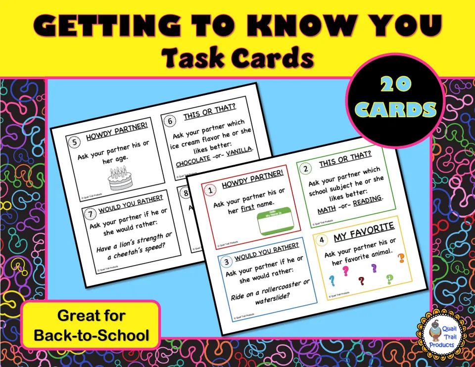 Getting to Know You Task Cards cover: 20 partner question cards shown, such as Howdy Partner, This or That and My Favorite