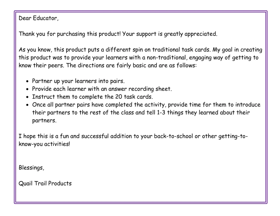 Teacher letter: pair students, give each a recording sheet, complete 20 cards, then introduce partners to the class