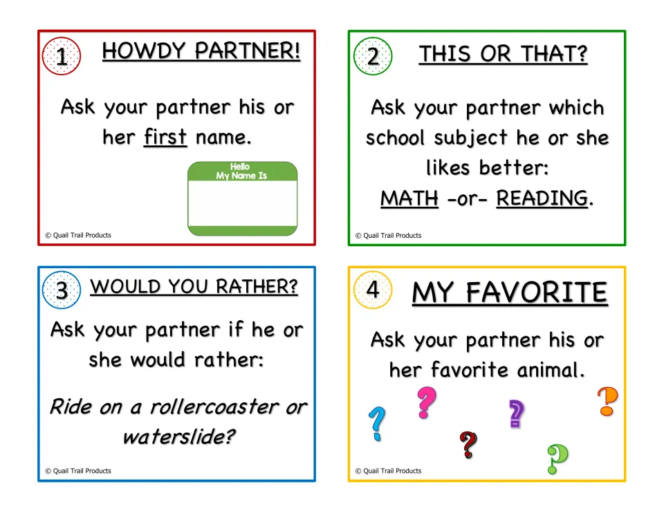 Partner interview cards 1-4: students ask first name, math or reading, rollercoaster or waterslide, favorite animal