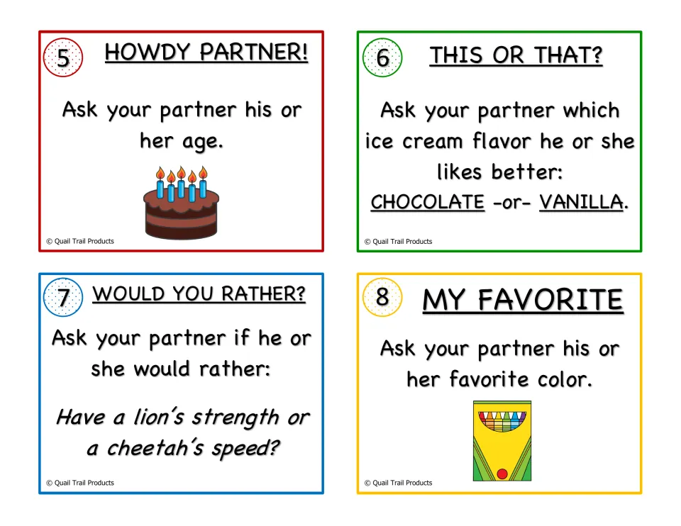 Partner interview cards 5-8: students ask age, chocolate or vanilla, lion's strength or cheetah's speed, favorite color