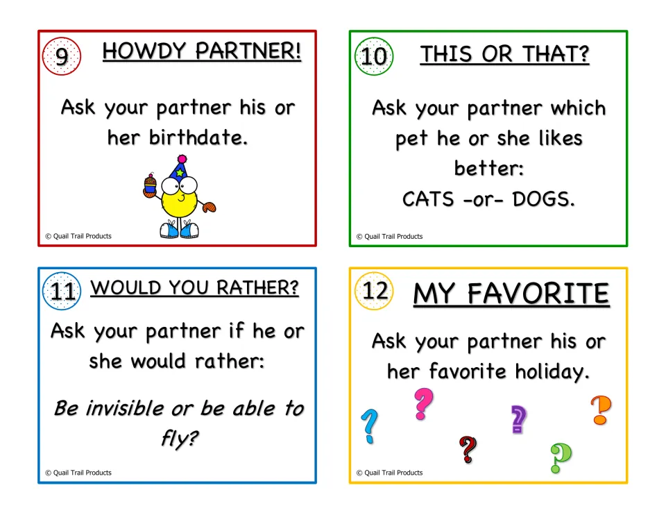 Partner interview cards 9-12: students ask birthdate, cats or dogs, be invisible or fly, and favorite holiday