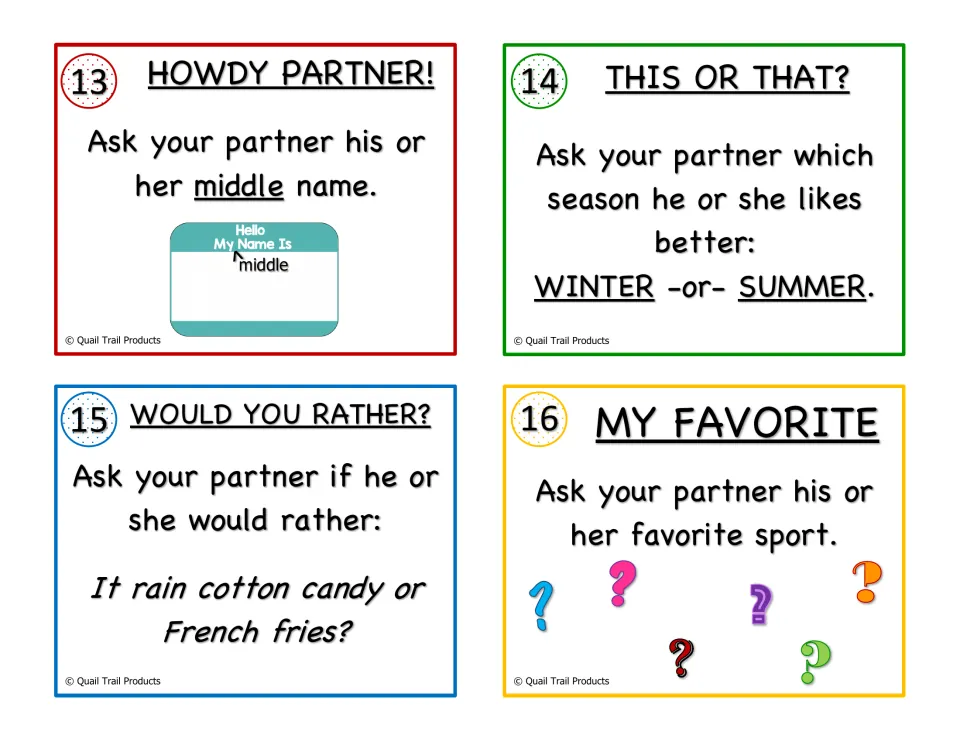 Partner interview cards 13-16: students ask middle name, winter or summer, raining cotton candy or fries, favorite sport