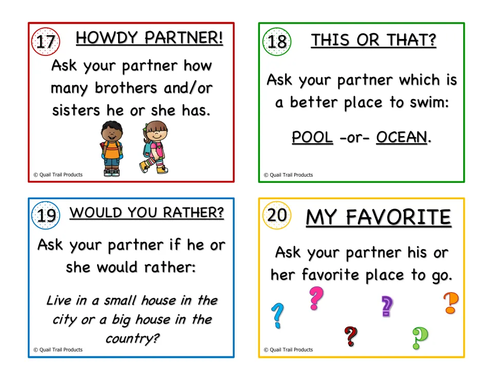 Partner interview cards 17-20: students ask number of siblings, pool or ocean, city or country house, favorite place to go