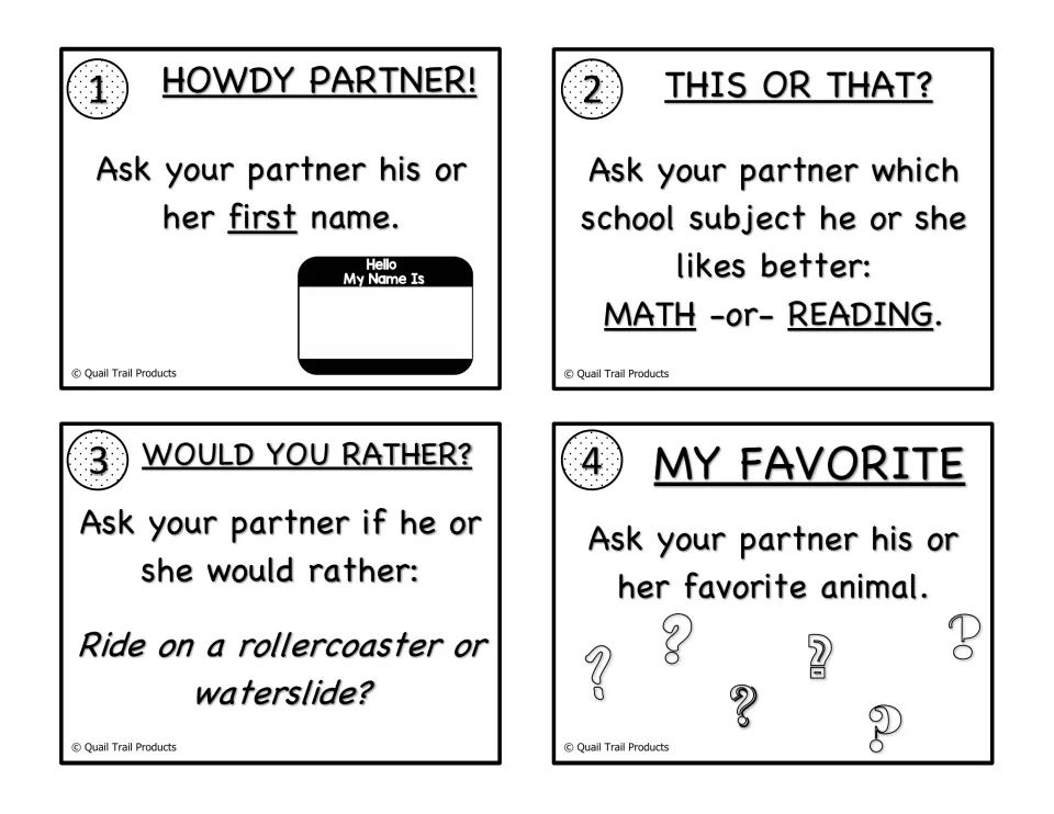 Black-and-white partner cards 1-4: first name, math or reading, rollercoaster or waterslide, and favorite animal questions