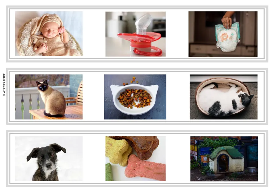 Sentence and story task strips 1–3: a baby, cat, and dog with feeding items, a diaper, and pet shelters