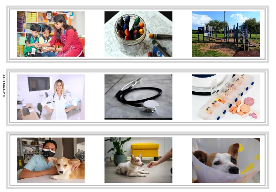 Sentence and story task strips 16–18: teacher, crayons, playground; doctor, stethoscope, pills; pet care