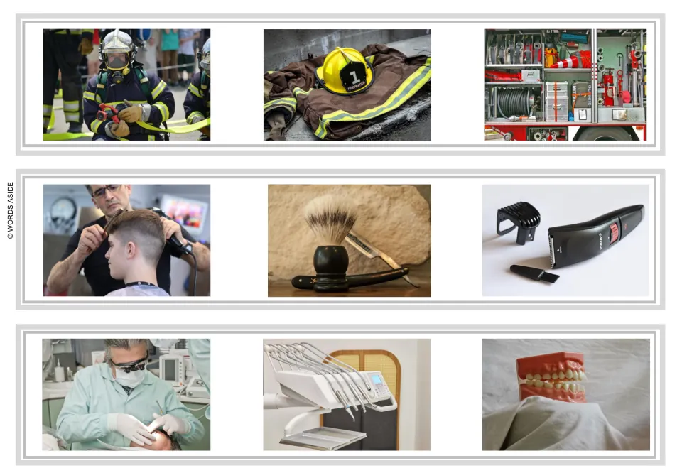 Sentence and story task strips 19–21: firefighter, barber, and dentist with equipment used in their work