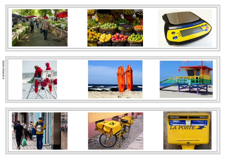 Sentence and story task strips 22–24: market, produce, scale; lifeguards and rescue gear; postal delivery