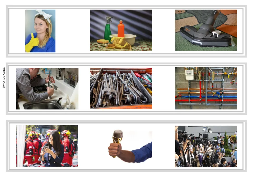 Sentence and story task strips 25–27: cleaner and cleaning supplies; plumber and pipes; reporter and cameras