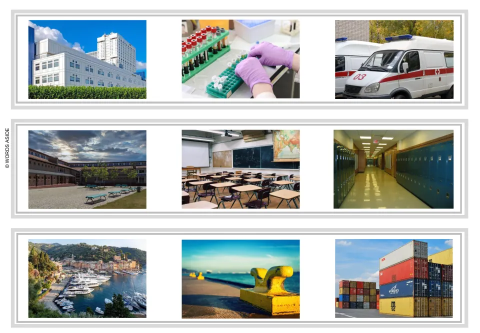 Sentence and story task strips 28–30: hospital, lab, ambulance; school, classroom, lockers; harbor and cargo