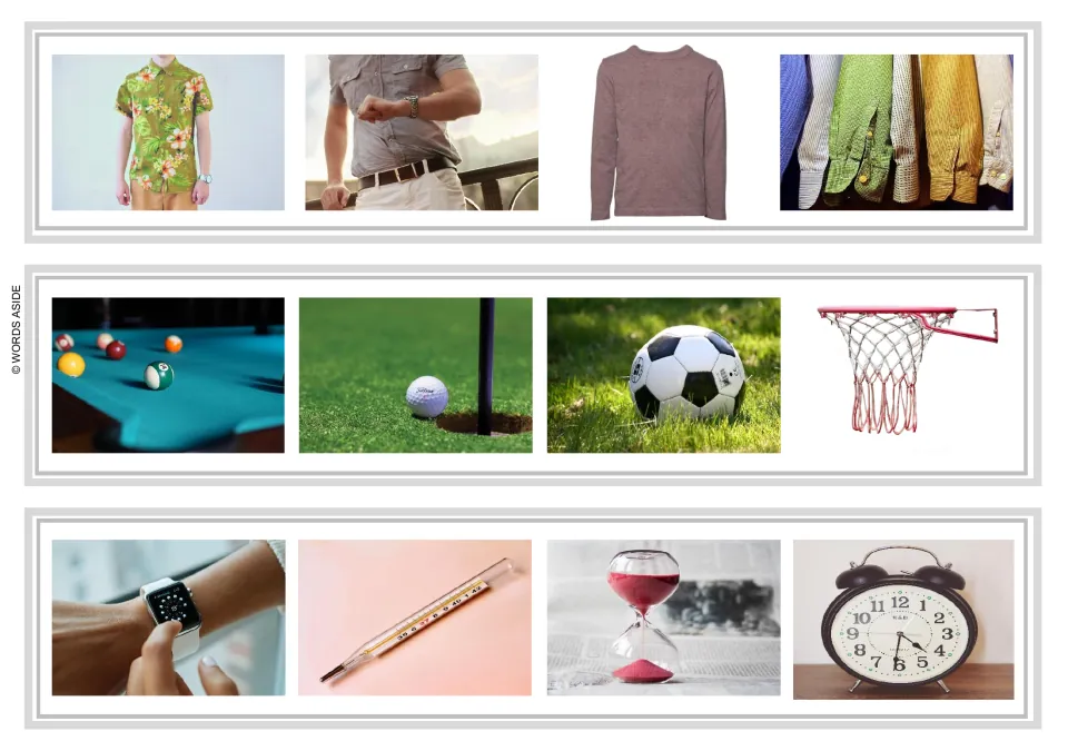 Logical exclusion strips 1–3: shirts and a sweater; sports balls and a hoop; timepieces and a thermometer