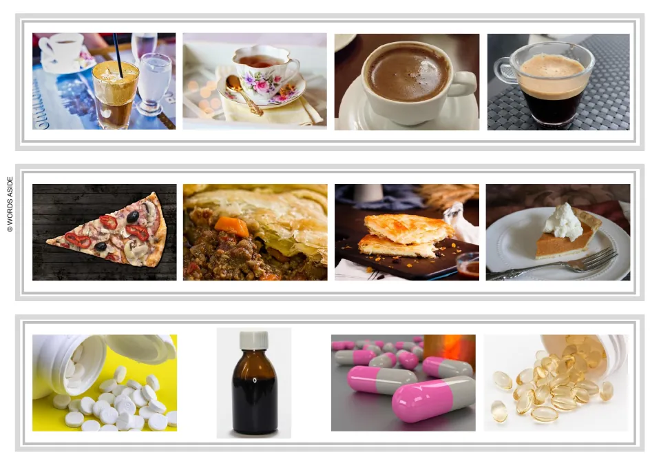 Logical exclusion strips 4–6: coffee and tea; pizza and pies; tablets, bottled medicine, and capsules
