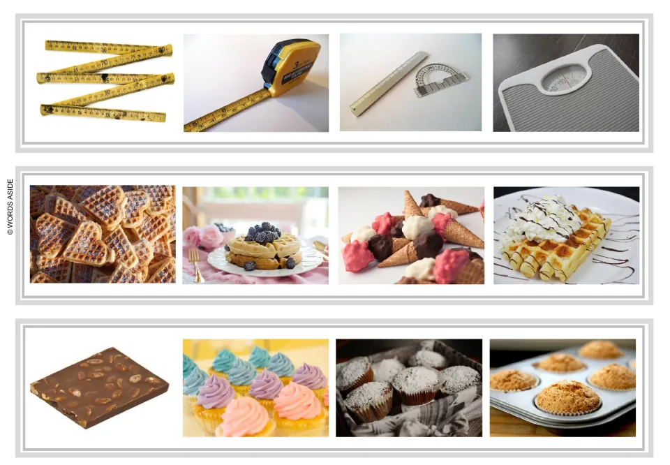 Logical exclusion strips 7–9: measuring tools and a scale; waffles and ice cream; chocolate and cupcakes