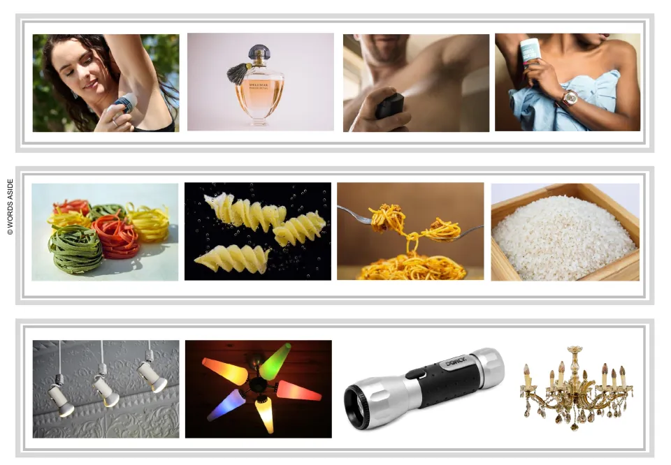 Logical exclusion strips 10–12: deodorant and perfume; pasta and rice; ceiling lights and a flashlight