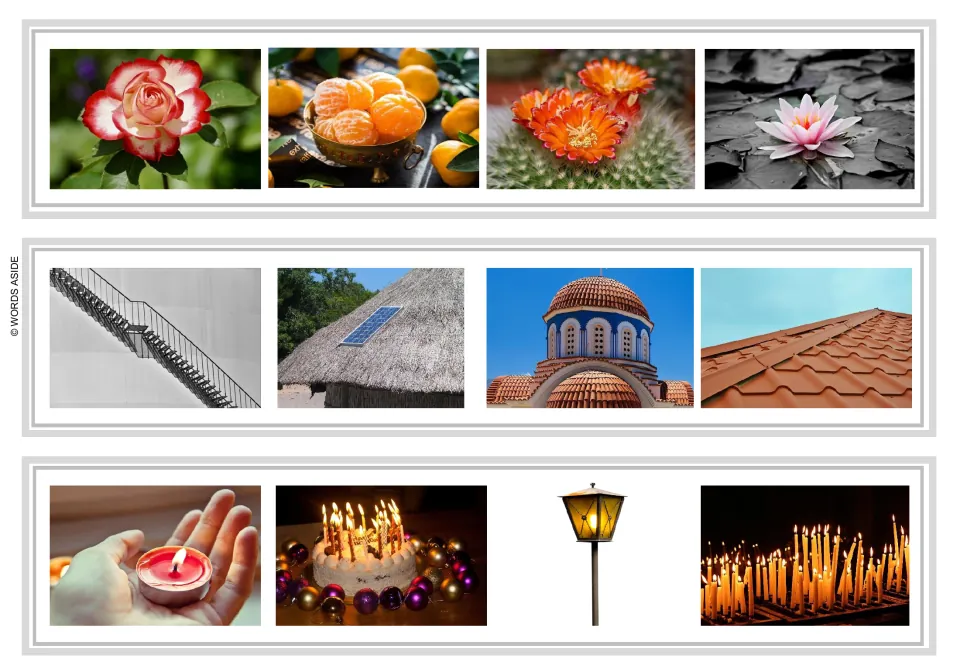 Logical exclusion strips 13–15: flowers and oranges; stairs and roofs; candles and an outdoor lamp