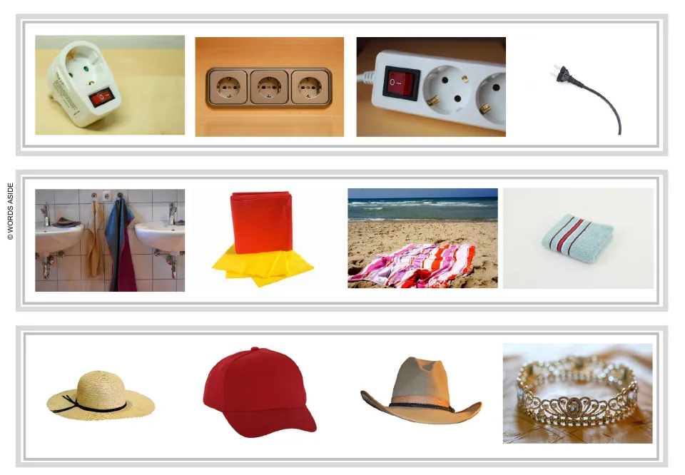 Logical exclusion strips 16–18: electrical outlets and a plug; towels and napkins; hats and a tiara