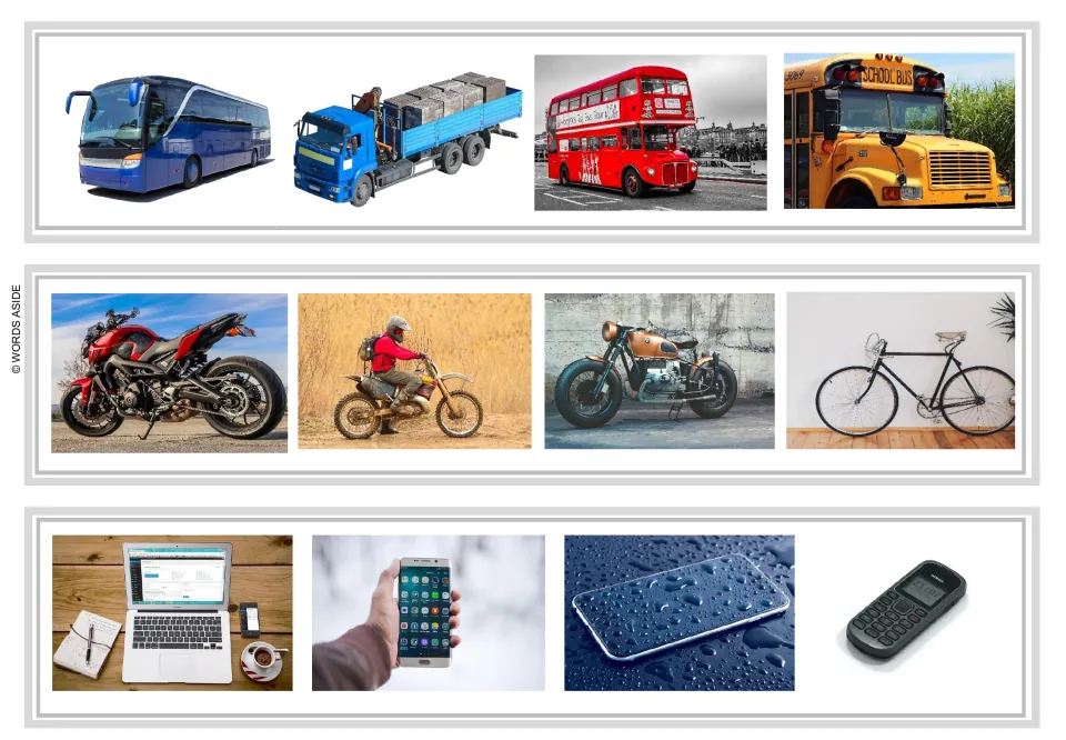 Logical exclusion strips 28–30: buses and a truck; motorcycles and a bicycle; a laptop and phones