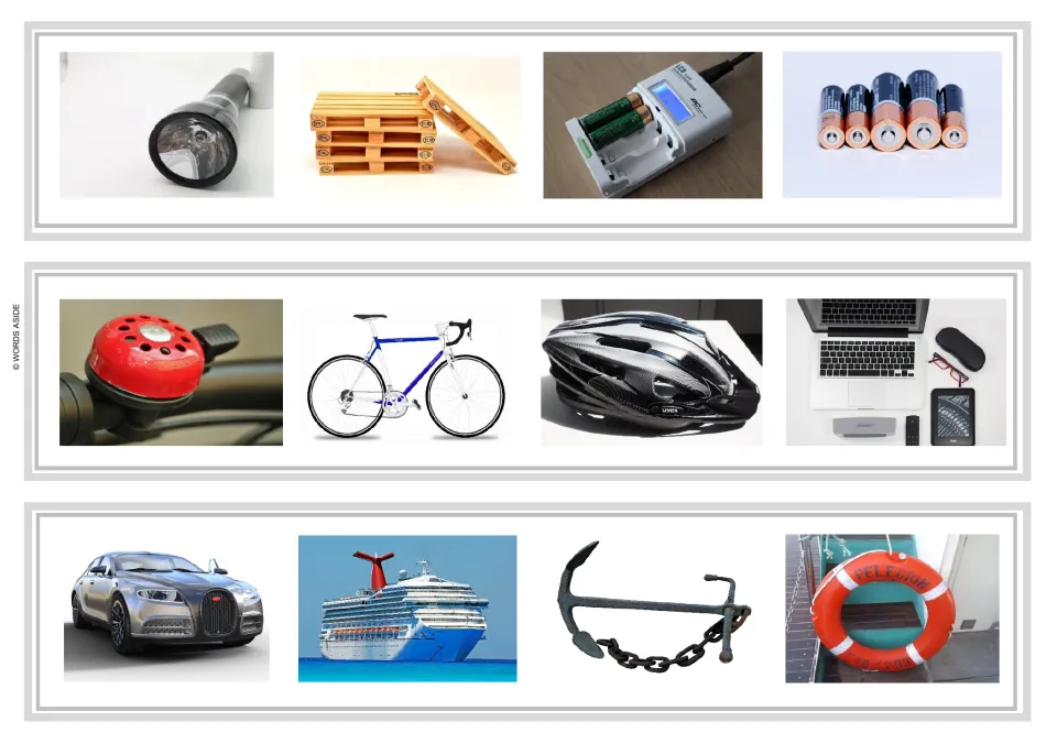 Odd-one-out strips 1–3 show flashlights and batteries, bicycle gear, and a ship with an anchor and life ring.