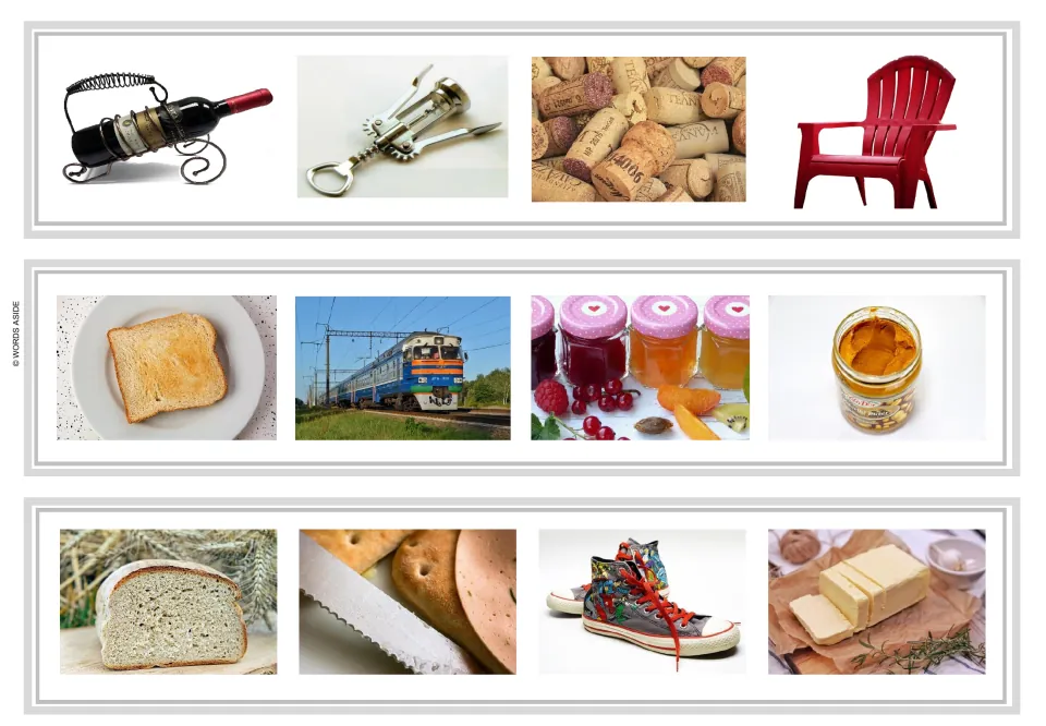 Odd-one-out strips 4–6 show wine and corks, toast and spreads, and bread and butter, plus unrelated items.