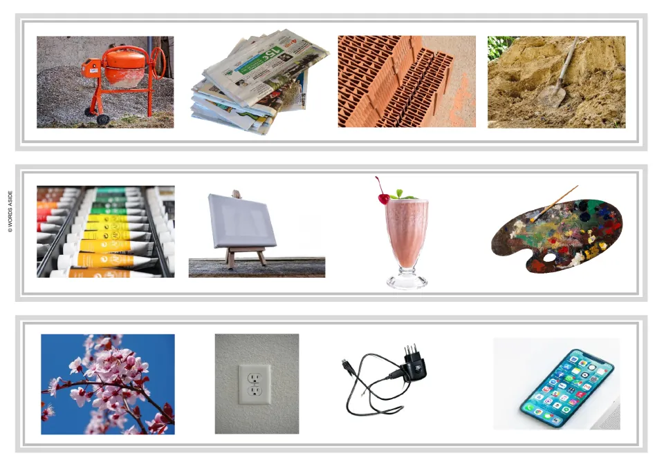 Odd-one-out strips 7–9 include a cement mixer, newspapers, painting supplies, a milkshake, and a phone.