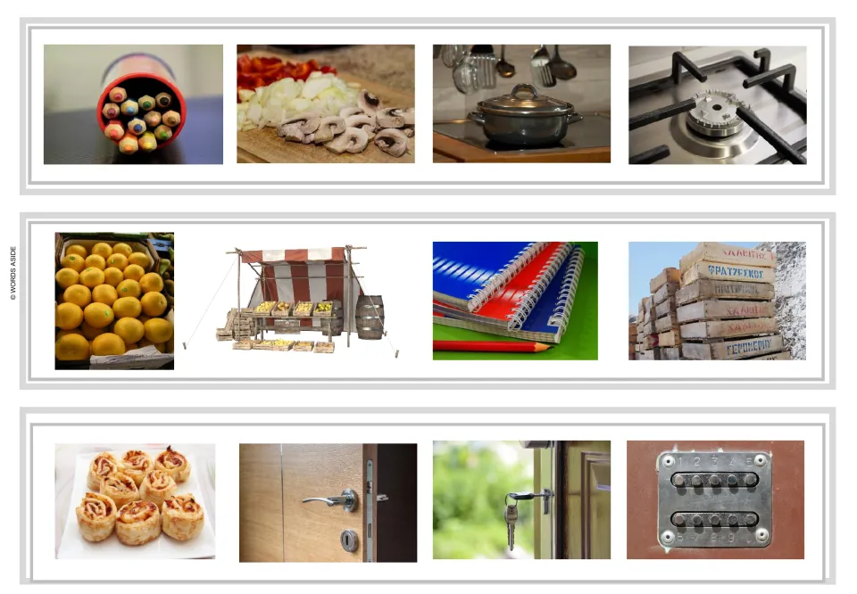 Odd-one-out strips 10–12 include pencils, vegetables, a pot, fruit crates, notebooks, pastries, and locks.