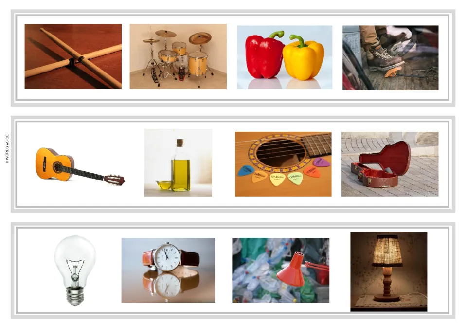 Odd-one-out strips 13–15 include drumsticks, drums, peppers, guitar accessories, a light bulb, and lamps.