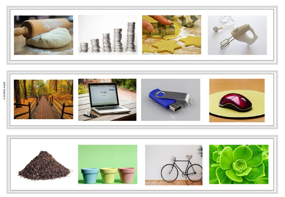 Odd-one-out strips 19–21 include baking tools, coins, computer accessories, soil, flowerpots, and a bicycle.