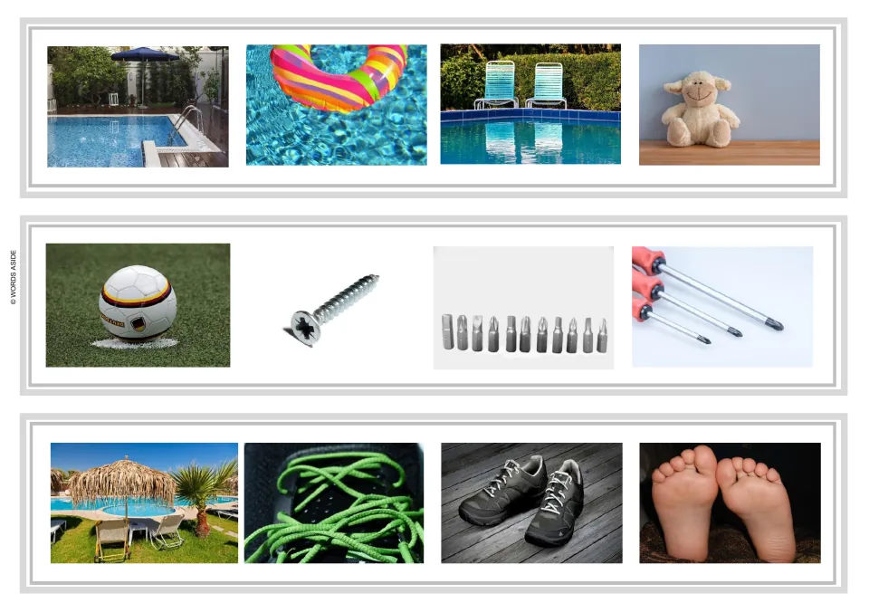 Odd-one-out strips 22–24 include pool items, a stuffed sheep, a soccer ball, screwdrivers, shoes, and feet.
