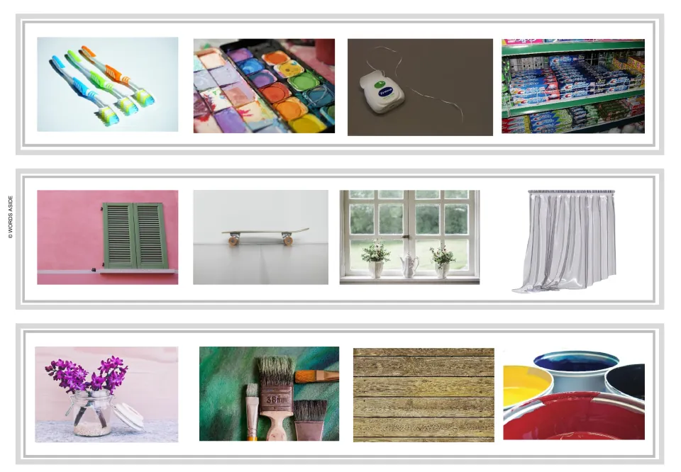 Odd-one-out strips 25–27 include dental supplies, watercolors, shutters, a skateboard, curtains, and paint.
