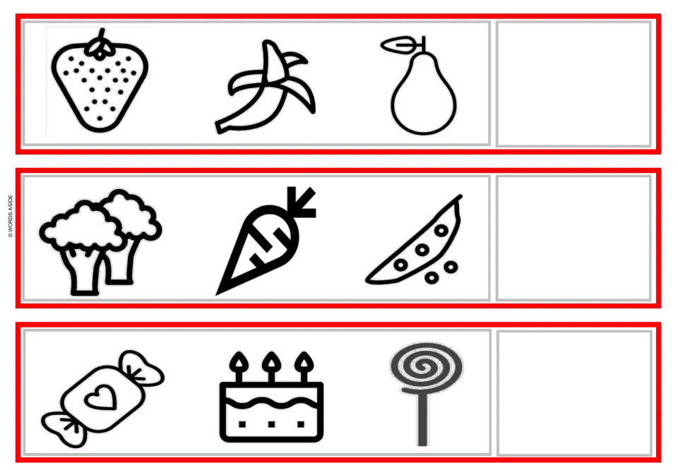 Fruit, vegetable and sweets strips: students name the category for strawberry-banana-pear, broccoli-carrot-peas, candy-cake