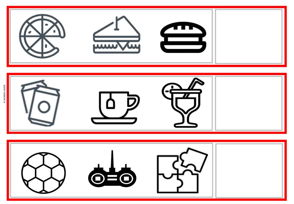 Food, drink and toy strips: students name what pizza-sandwich-burger, soda-tea-cocktail and ball-controller-puzzle share