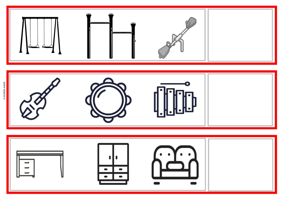 Playground, instrument and furniture strips: students group swings-seesaw, guitar-tambourine-xylophone and desk-wardrobe-sofa