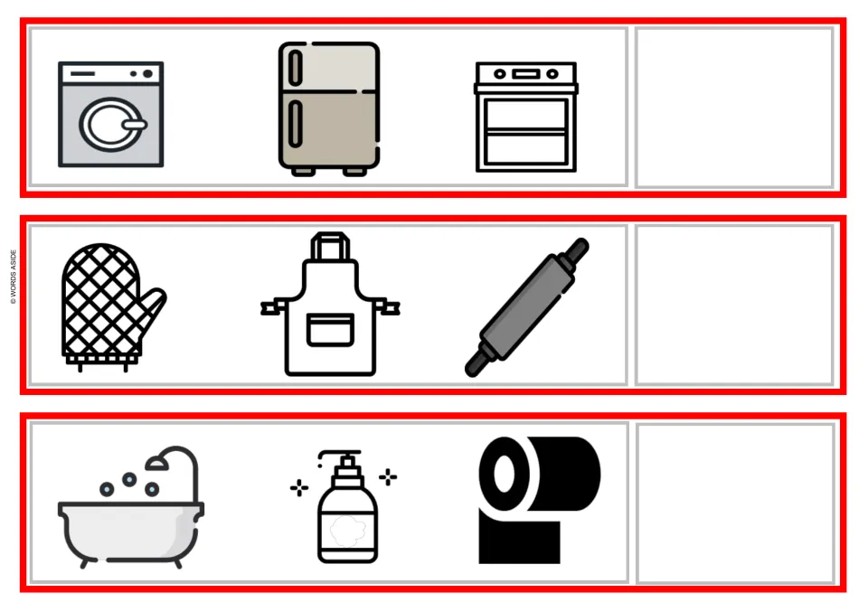 Appliance, kitchen tool and bathroom strips: students categorize washer-fridge-oven, mitt-apron-rolling pin, tub-soap-tissue