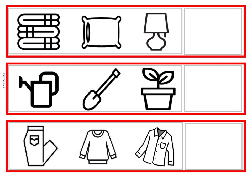 Bedding, garden and clothing strips: students name the group for blankets-pillow-lamp, watering can-shovel-plant, jeans-tops