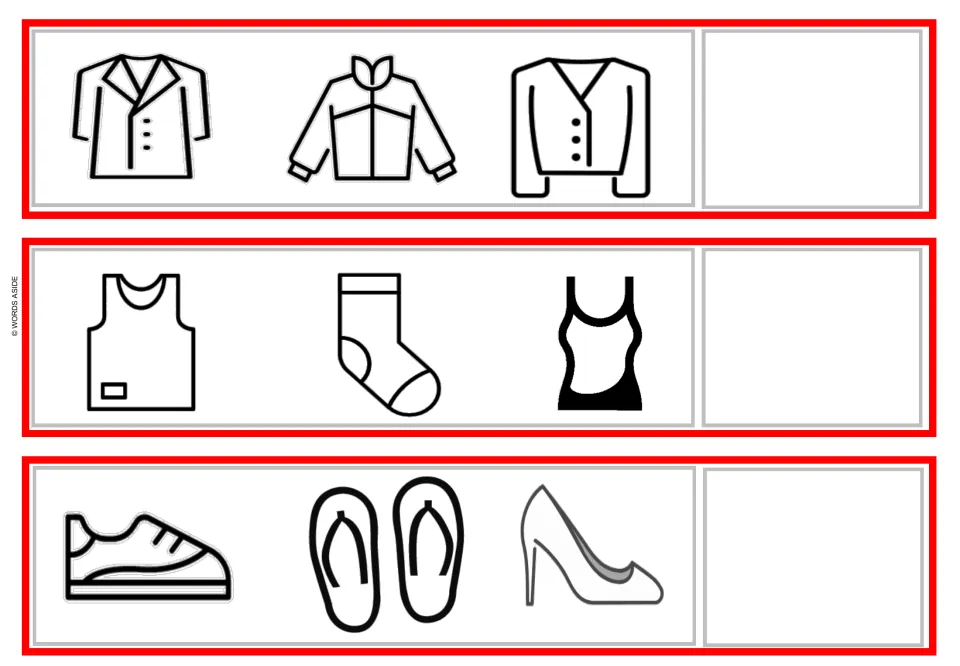 Outerwear, clothing and footwear strips: students name the group for coats and jackets, tank tops and socks, sneakers-heels