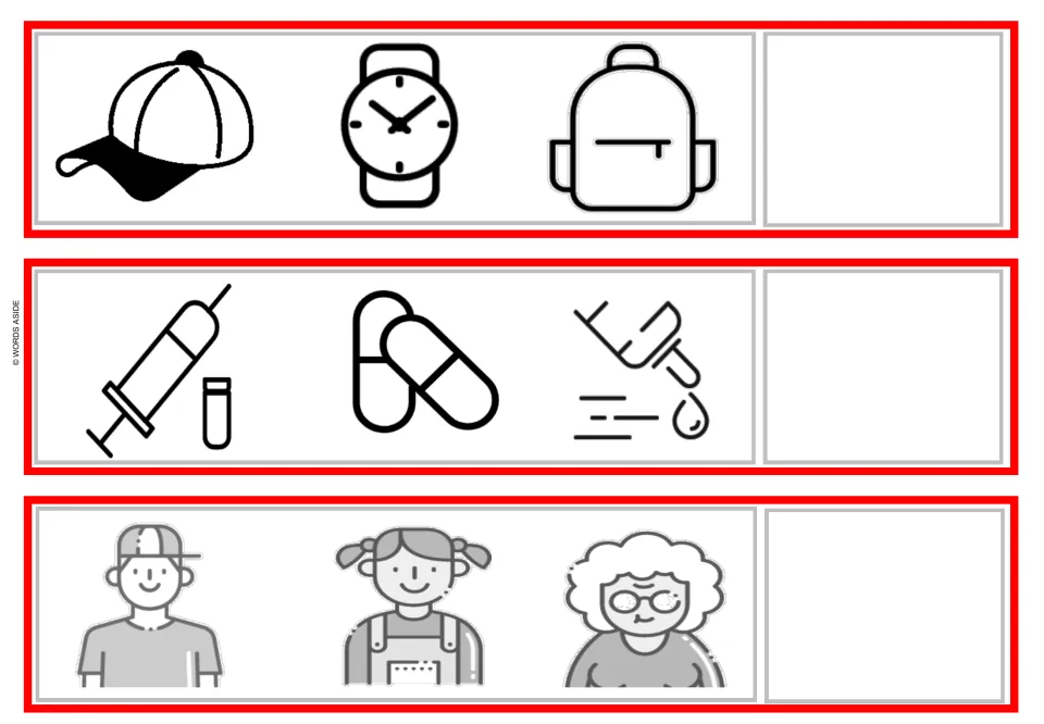 Accessories, medicine and people strips: students group cap-watch-backpack, syringe-pills-dropper and boy-girl-grandma