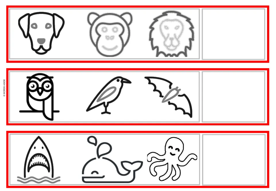 Animal strips: students name the group for dog-monkey-lion faces, owl-crow-bat fliers and shark-whale-octopus sea animals