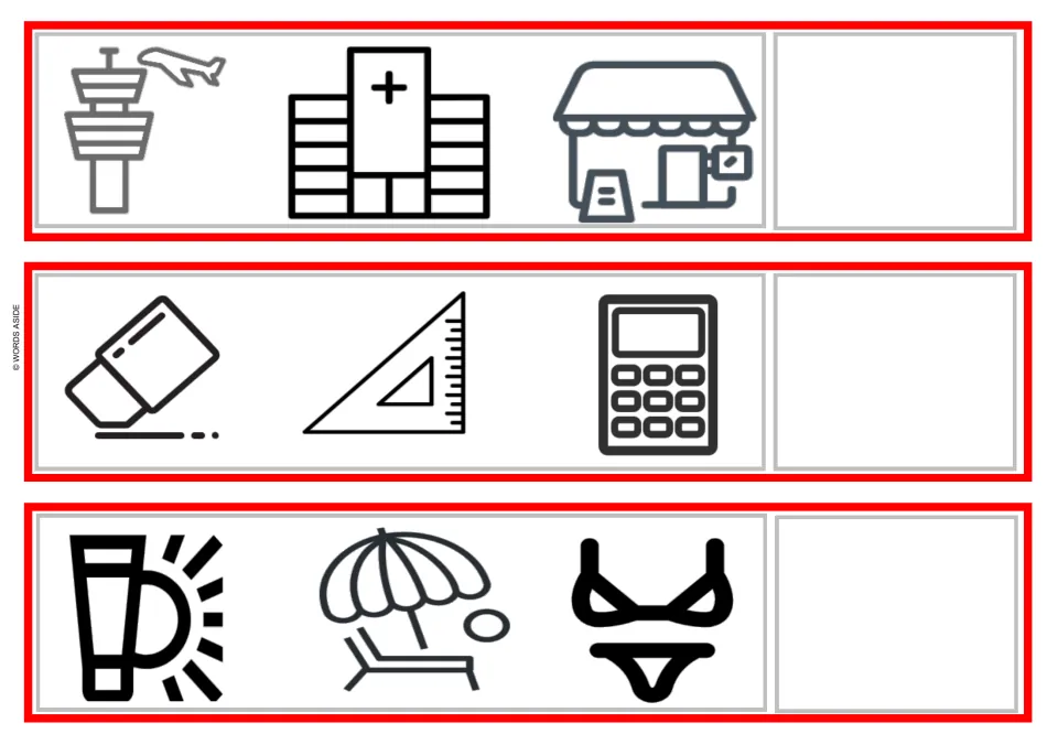 Places, school tools and beach strips: students group airport-hospital-shop, eraser-set square-calculator, sunscreen-bikini