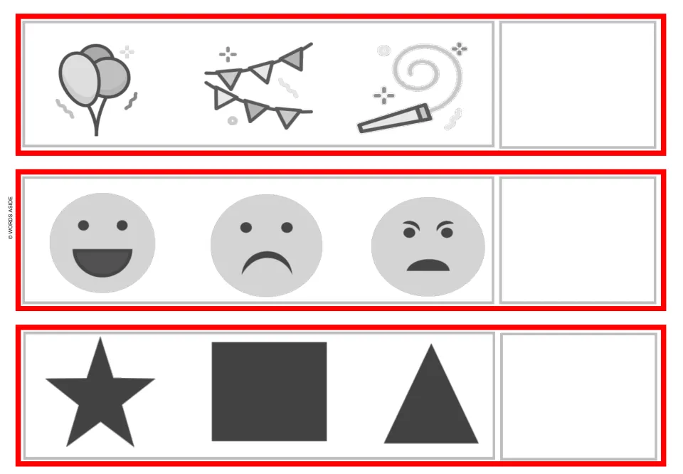 Party, feelings and shapes strips: students group balloons-bunting-blower, happy-sad-angry faces and star-square-triangle