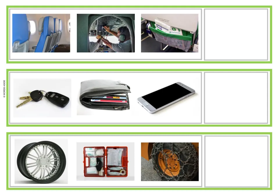 Vocabulary reasoning strips 1–3 show airplane interiors; keys, a wallet and a phone; and car supplies.