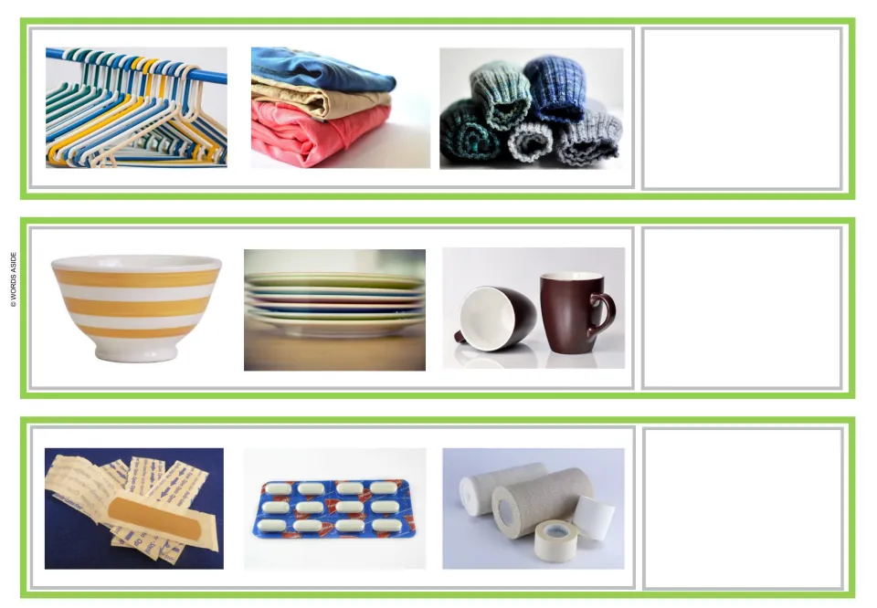 Vocabulary reasoning strips 4–6 show hangers and clothing; a bowl, plates and mugs; and first aid supplies.